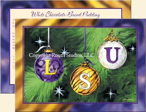 LSU Christmas cards with purple and gold holiday ornaments
